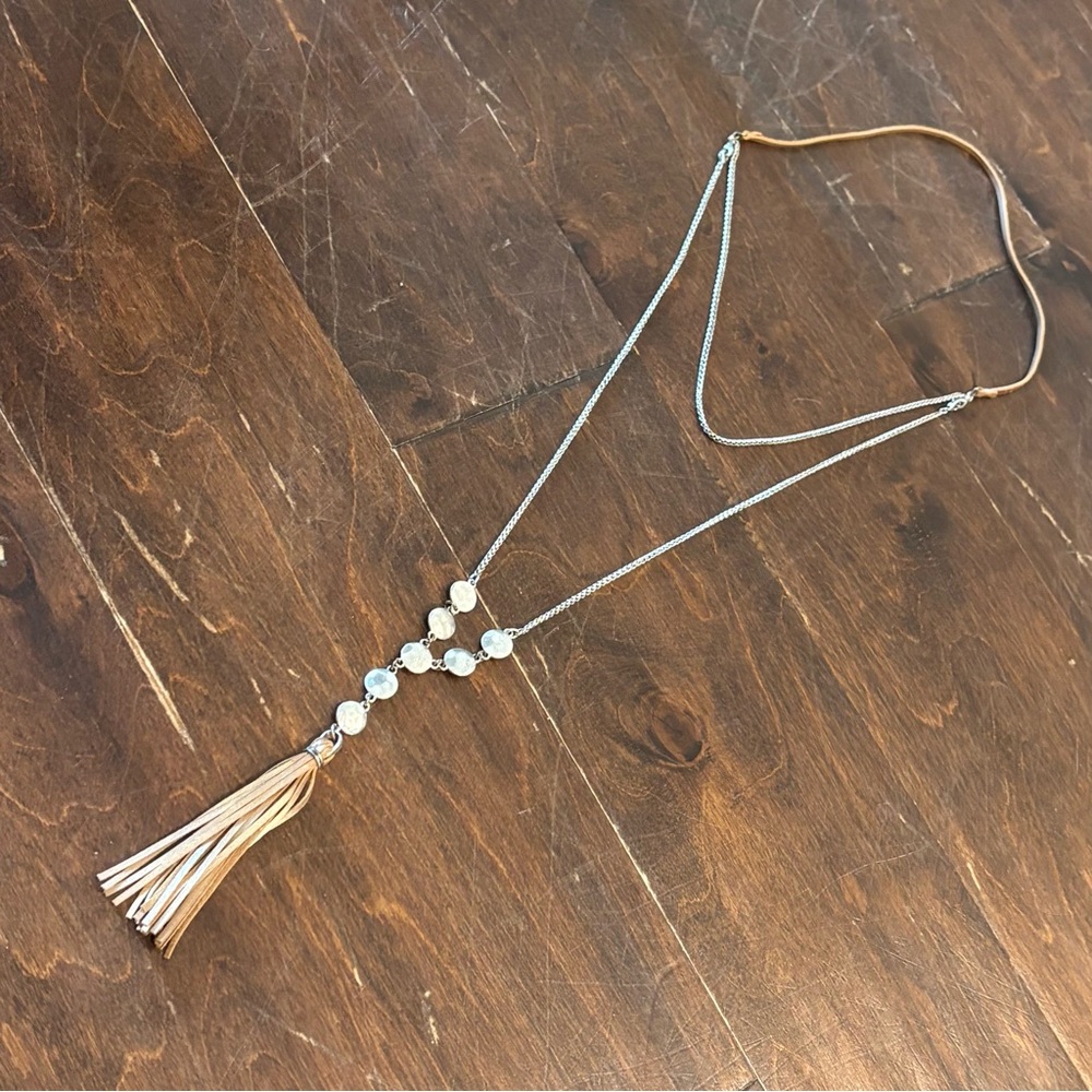 Lucky Brand Silver and Metallic Leather Tassel Necklace